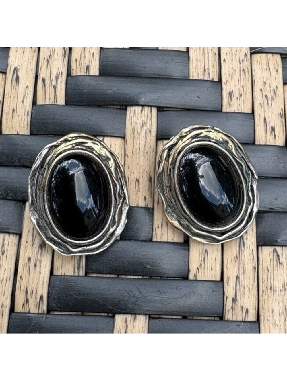 Sterling Silver Clip-On Stud Earrings Oval Black Stone Bezel Set 0.8in